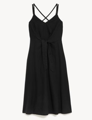 Linen Rich V-Neck Midi Waisted Dress