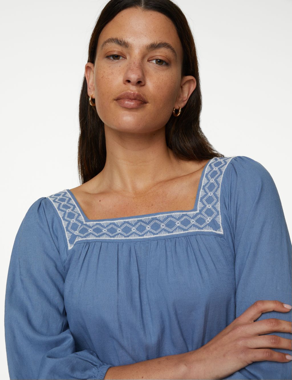 Linen Blend Embroidered Shirred Dress image 3
