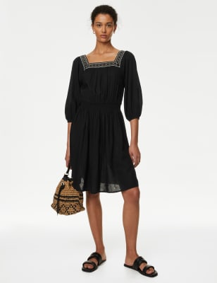 

Womens M&S Collection Linen Blend Embroidered Shirred Dress - Black, Black