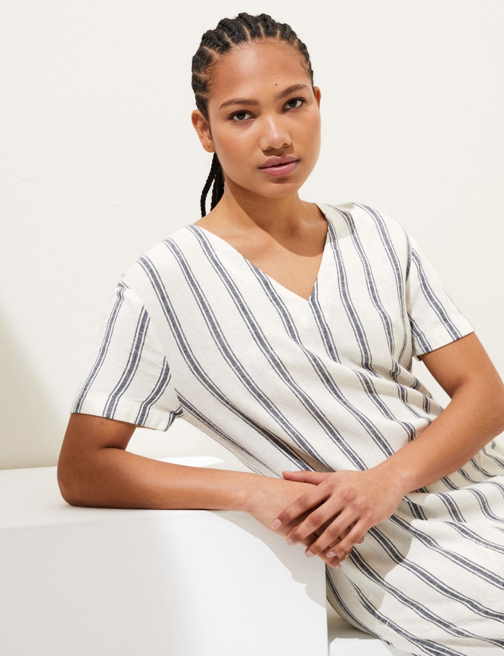 Linen Blend Striped V-Neck Midi Shift Dress image 1