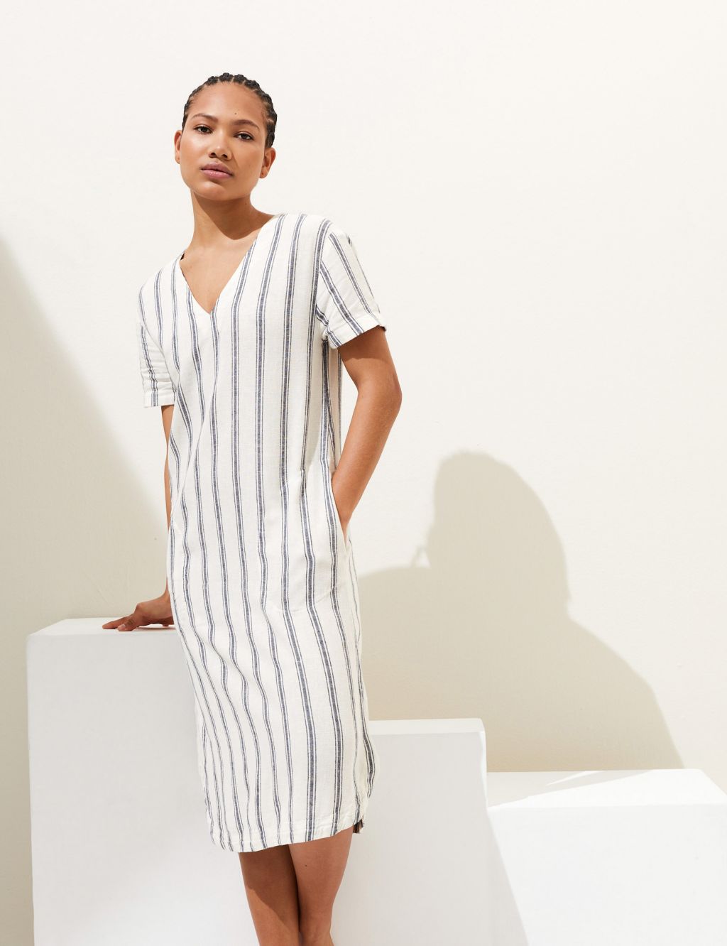 Linen Blend Striped V-Neck Midi Shift Dress image 2