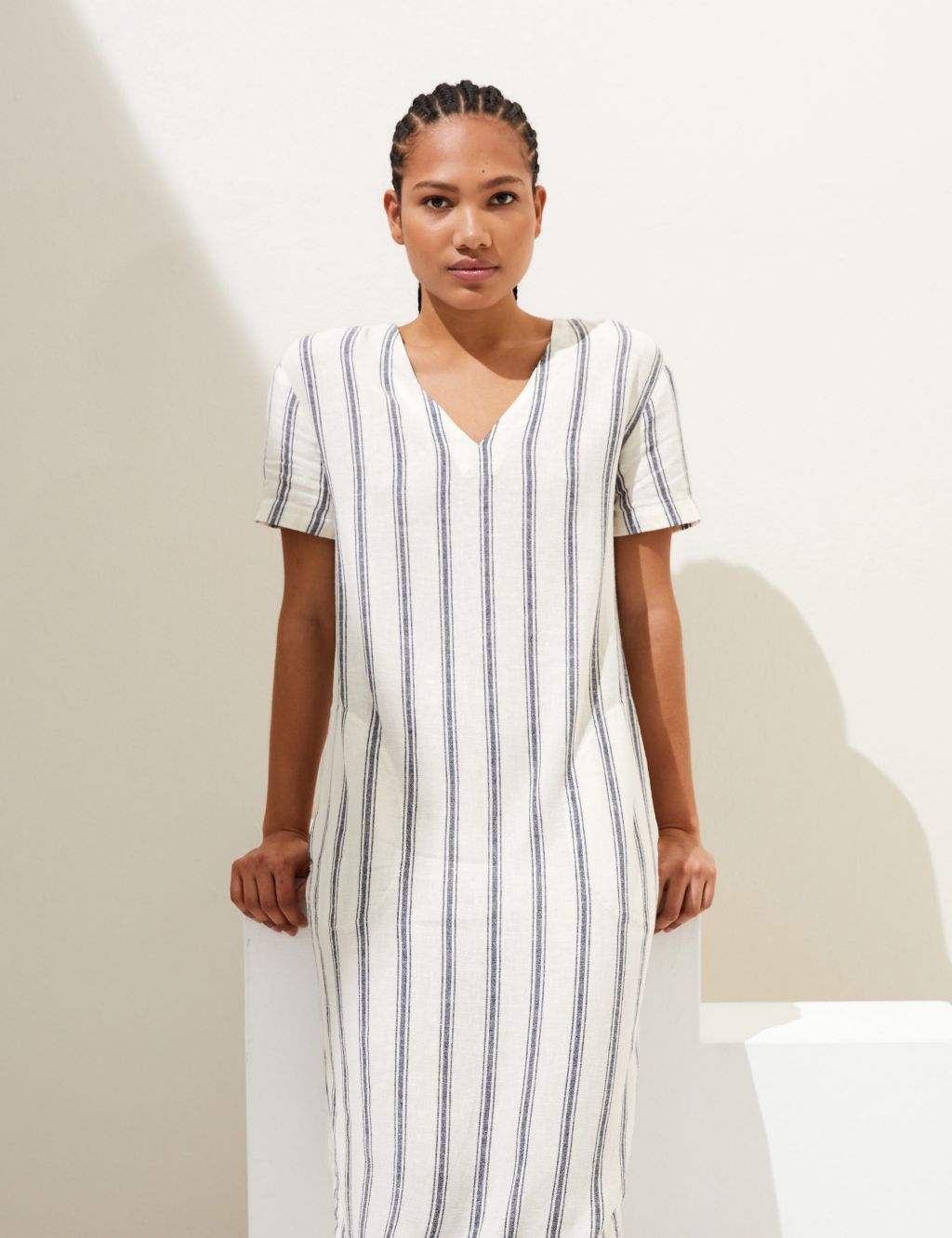 Linen Blend Striped V-Neck Midi Shift Dress image 3