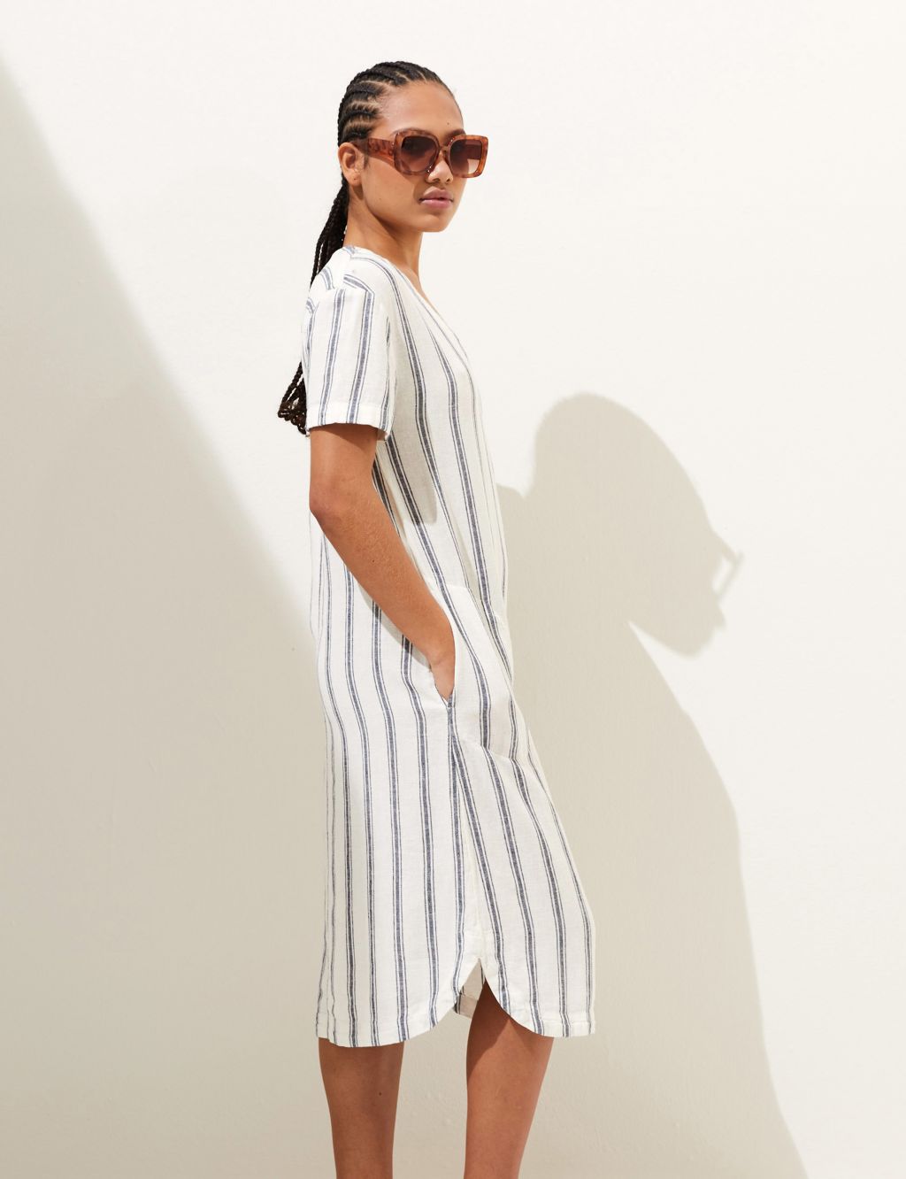 Linen Blend Striped V-Neck Midi Shift Dress image 4