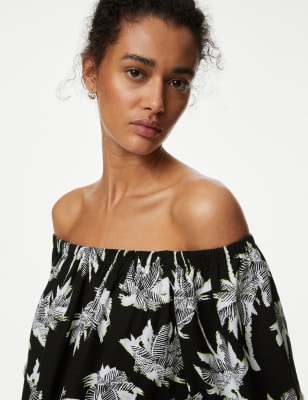 

M&S Collection Vestido recto bardot de lino estampadoWomens - Black Mix, Black Mix