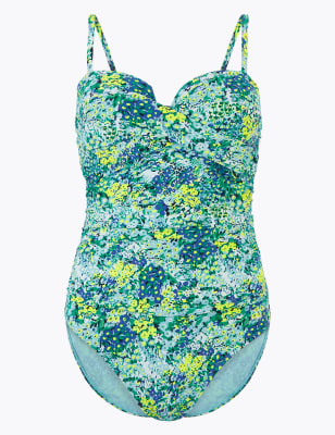 Maillot de bain bandeau entrecrois&eacute; &agrave; motif fleuri, effet ventre plat