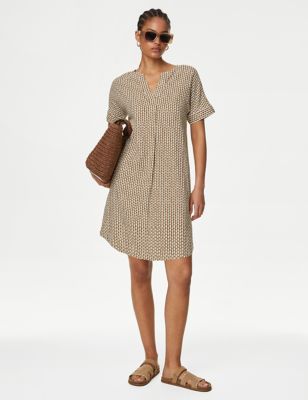 Linen Rich Printed V-Neck Shift Dress