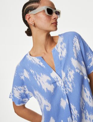 M&S Womens Linen Rich Printed V-Neck Shift Dress - 22LNG - Fresh Blue, Fresh Blue,Black Mix