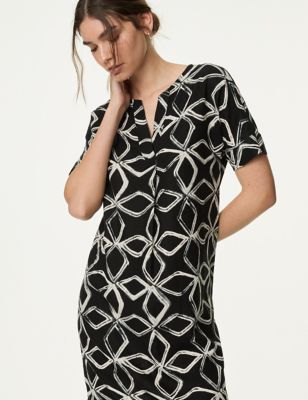 Linen Rich Printed V-Neck Shift Dress - DK