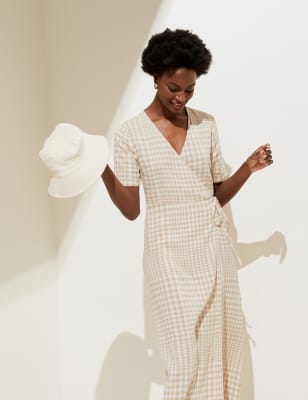 Linen Blend Checked Midi Wrap Dress