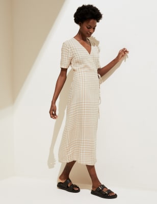 Linen Blend Checked Midi Wrap Dress