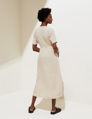 Linen Blend Checked Midi Wrap Dress