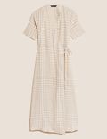 Linen Blend Checked Midi Wrap Dress