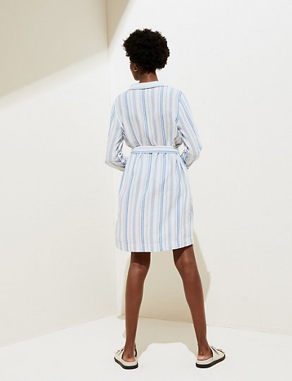 Linen Rich Striped Knee Length Shirt Dress