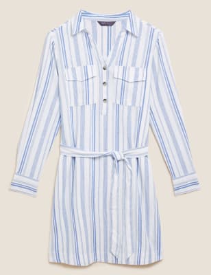 

Womens M&S Collection Linen Rich Striped Knee Length Shirt Dress - White Mix, White Mix