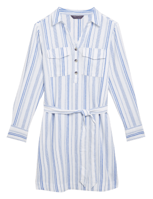 

M&S Collection Vestido camisero por la rodilla de rayas de linoWomens - White Mix, White Mix
