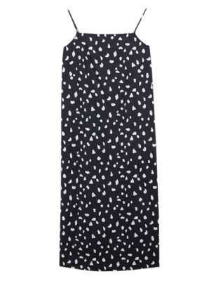 Womens M&S Collection Linen Rich Printed Midi Slip Dress - Black Mix