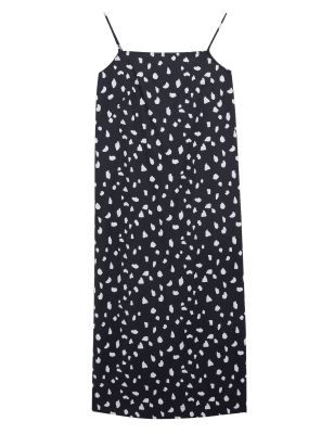 

Womens M&S Collection Linen Rich Printed Midi Slip Dress - Black Mix, Black Mix