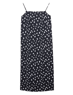 Womens M&S Collection Linen Rich Printed Midi Slip Dress - Black Mix