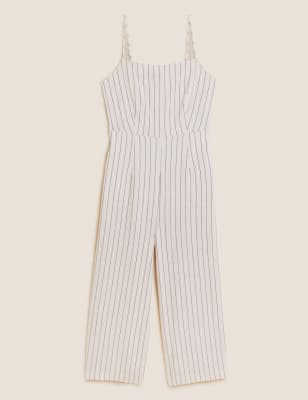 

Womens M&S Collection Gestreifter Jumpsuit mit hohem Leinenanteil und eckigem Ausschnitt - Cream Mix, Cream Mix