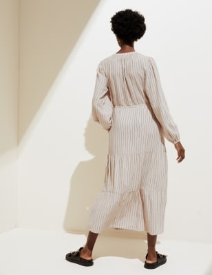 Linen Blend Striped Print Loose Off-shoulder Casual Maxi Dress
