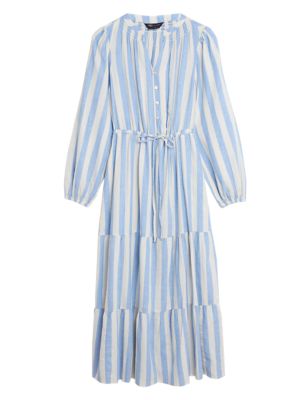 

Womens M&S Collection Linen Blend Striped Maxi Tiered Dress - Blue Mix, Blue Mix