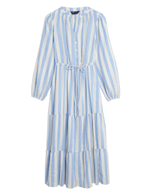 

M&S Collection Vestido en capas maxi a media pierna de rayas con linoWomens - Blue Mix, Blue Mix