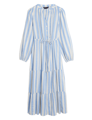 

Womens M&S Collection Linen Blend Striped Maxi Tiered Dress - Blue Mix, Blue Mix