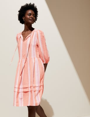 

M&S Collection Minivestido en capas de rayas con linoWomens - Pink Mix, Pink Mix