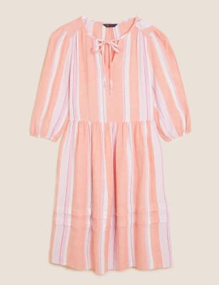 

Womens M&S Collection Linen Blend Striped Mini Tiered Dress - Pink Mix, Pink Mix