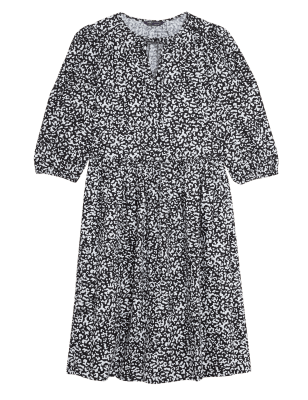 

Womens M&S Collection Gemustertes Mini-Stufenkleid aus Leinenmischgewebe - Black Mix, Black Mix