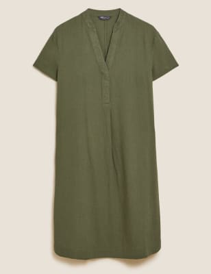 

Womens M&S Collection Linen Rich V-Neck Short Sleeve Shift Dress - Green, Green