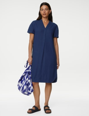 Linen Rich V-Neck Short Sleeve Shift Dress