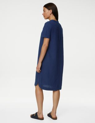 Linen Rich V-Neck Short Sleeve Shift Dress