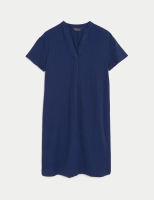 Linen Rich V-Neck Short Sleeve Shift Dress