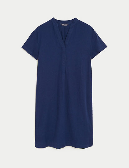 Linen Rich V-Neck Short Sleeve Shift Dress