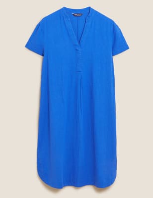 

Womens M&S Collection Linen Rich V-Neck Short Sleeve Shift Dress - Royal Blue, Royal Blue