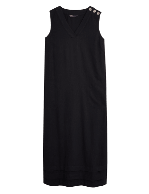 

Womens M&S Collection Linen Blend V-Neck Midi Shift Dress - Black, Black