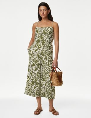 Womens M&S Collection Linen Rich Printed Jumpsuit - Green Mix, Green Mix
