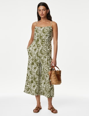 

Womens M&S Collection Linen Rich Printed Jumpsuit - Green Mix, Green Mix