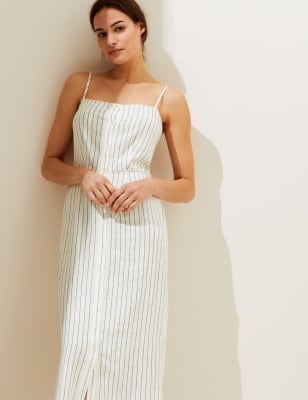 

Womens M&S Collection Linen Blend Striped Square Neck Midi Dress - Cream Mix, Cream Mix