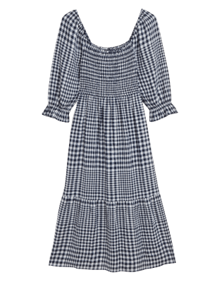

M&S Collection Vestido a media pierna de lino de vichy con cuello cuadradoWomens - Navy Mix, Navy Mix