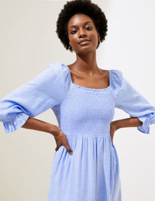 

Womens M&S Collection Linen Blend Shirred Midi Smock Dress - Chambray, Chambray