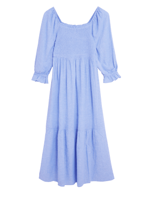 

Womens M&S Collection Gerafftes Midi-Smokkleid aus Leinenmischgewebe - Chambray, Chambray