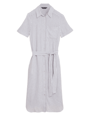 

Womens M&S Collection Linen Rich Tie Waist Midi Shirt Dress - Brown Mix, Brown Mix