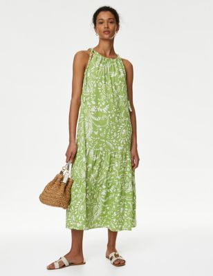 

Womens M&S Collection Linen Blend Animal Print Maxi Tiered Dress - Medium Green, Medium Green
