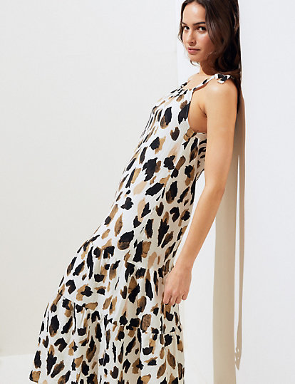 Linen Blend Animal Print Maxi Tiered Dress