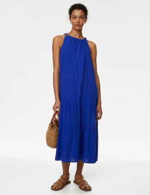 

Womens M&S Collection Linen Rich High Neck Maxi Tiered Dress - Electric Blue, Electric Blue