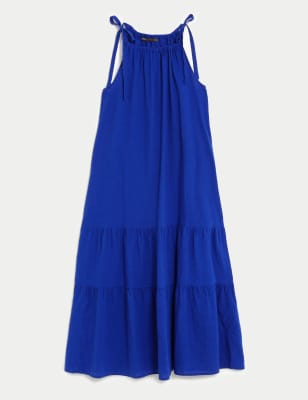 Linen Rich High Neck Maxi Tiered Dress