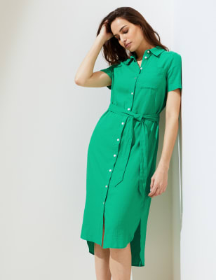 

Womens M&S Collection Linen Rich Tie Waist Midi Shirt Dress - Spearmint, Spearmint
