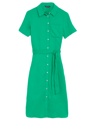 

Womens M&S Collection Linen Rich Tie Waist Midi Shirt Dress - Spearmint, Spearmint